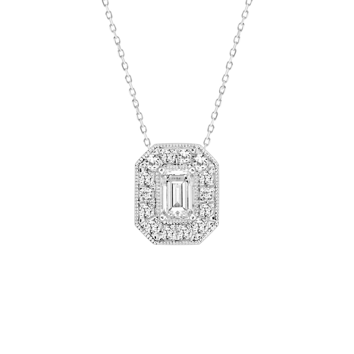 14K WHITE GOLD 1.00CT ROUND/EMERALD DIAMOND LADIES PENDANT (CENTER STONE EMERALD DIAMOND 3/4CT) 1 14K WHITE GOLD 1.00CT ROUND/EMERALD DIAMOND LADIES PENDANT (CENTER STONE EMERALD DIAMOND 3/4CT) - Image 1
