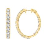 LADIES HOOP EARRINGS 11CT ROUND DIAMOND 14K YELLOW GOLD - Image 2