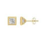 LADIES SOLITAIRE EARRINGS 2CT PRINCESS DIAMOND 14K YELLOW GOLD - Image 2