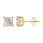 LADIES SOLITAIRE EARRINGS 4CT PRINCESS DIAMOND 14K YELLOW GOLD - Image 2