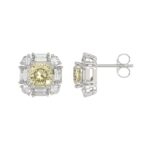 14K WHITE GOLD CRAFTED WITH 18K YELLOW GOLD BACK PLATE 1 1/3CT ROUND/BAGUETTE/YELLOW CUSHION DIAMOND LADIES EARRINGS - Image 2