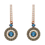 LADIES EARRINGS 1.00CT BLUE SAPPHIRE ROUND/DARK BROWN DIAMOND 14K ROSE GOLD