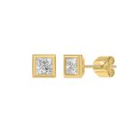 LADIES SOLITAIRE EARRINGS 1CT PRINCESS DIAMOND 14K YELLOW GOLD - Image 3