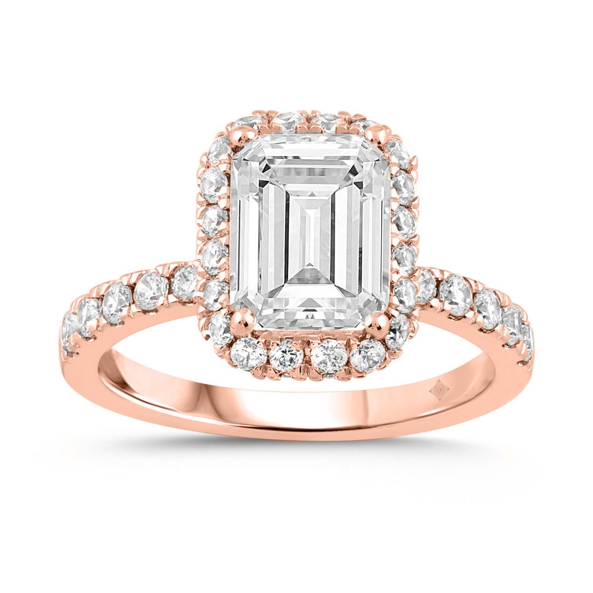 LADIES RING 4.00CT ROUND/EMERALD DIAMOND 14K ROSE GOLD (CENTER STONE EMERALD DIAMOND 3.00CT) 1 LADIES RING 4.00CT ROUND/EMERALD DIAMOND 14K ROSE GOLD (CENTER STONE EMERALD DIAMOND 3.00CT) - Image 1