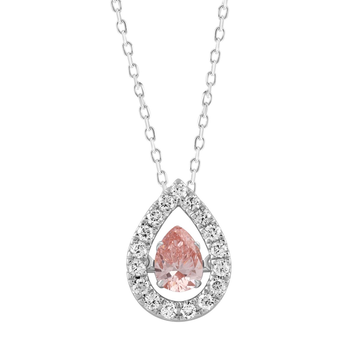 LADIES PENDANT WITH CHAIN 3/4CT ROUND/PEAR DIAMOND 14K WHITE GOLD (CENTER STONE PINK PEAR DIAMOND 1/2CT) 1 LADIES PENDANT WITH CHAIN 3/4CT ROUND/PEAR DIAMOND 14K WHITE GOLD (CENTER STONE PINK PEAR DIAMOND 1/2CT) - Image 1