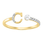Women’S 10K Yellow Gold Letter “C” Diamond & Pearl Ring 0.10Ct Round Diamond Fine Jewelry