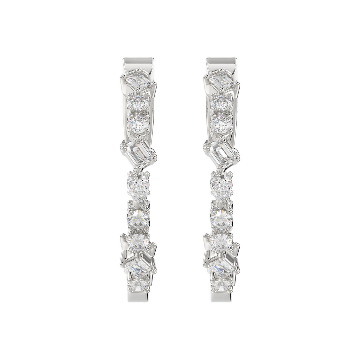 LADIES HOOP EARRINGS 2 1/2CT ROUND/EMERALD/MARQUISE DIAMOND 14K WHITE GOLD 1 LADIES HOOP EARRINGS 2 1/2CT ROUND/EMERALD/MARQUISE DIAMOND 14K WHITE GOLD - Image 1