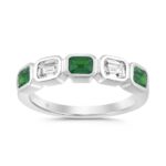 14K White Gold 1.00 CT Green Emerald & White Diamond Alternating Band Ring