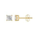 LADIES SOLITAIRE EARRINGS 1CT PRINCESS DIAMOND 14K YELLOW GOLD - Image 2