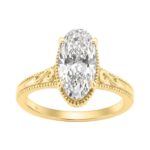 LADIES 14K Yellow Gold 2 1/6Ct Diamond Engagement Ring Elongated Oval Cut Center With Round Side Stones, Elegant Fine Ring 2Ct Oval Center Stone (Colo