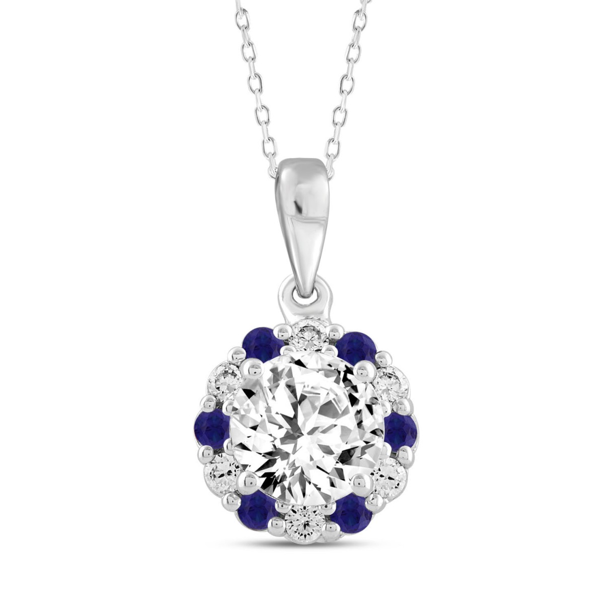 14K WHITE GOLD 1 1/4CT ROUND/ ROUND BLUE SAPPHIRE DIAMOND LADIES PENDANT (CENTER STONE ROUND DIAMOND 1CT) 1 14K WHITE GOLD 1 1/4CT ROUND/ ROUND BLUE SAPPHIRE DIAMOND LADIES PENDANT (CENTER STONE ROUND DIAMOND 1CT) - Image 1