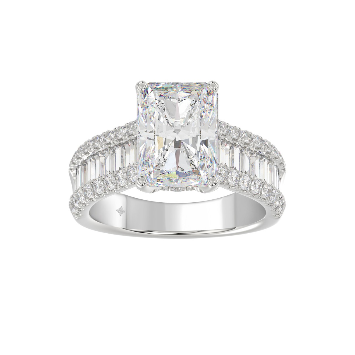 14K WHITE GOD 1 1/4CT ROUND/BAGUETTE/RADIANT DIAMOND SEMI MOUNT LADIES RING (CENTER STONE RADIANT DIAMOND 4.00CT)