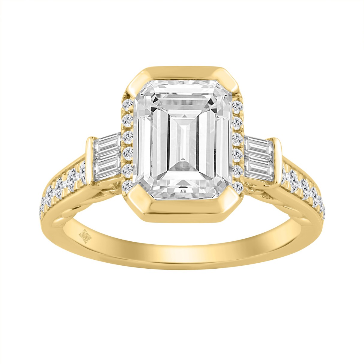 14K YELLOW GOLD 3 1/2CT ROUND/BAGUETTE/EMERALD DIAMOND LADIES RING (CENTER STONE EMERALD DIAMOND 3CT) 1 14K YELLOW GOLD 3 1/2CT ROUND/BAGUETTE/EMERALD DIAMOND LADIES RING (CENTER STONE EMERALD DIAMOND 3CT) - Image 1
