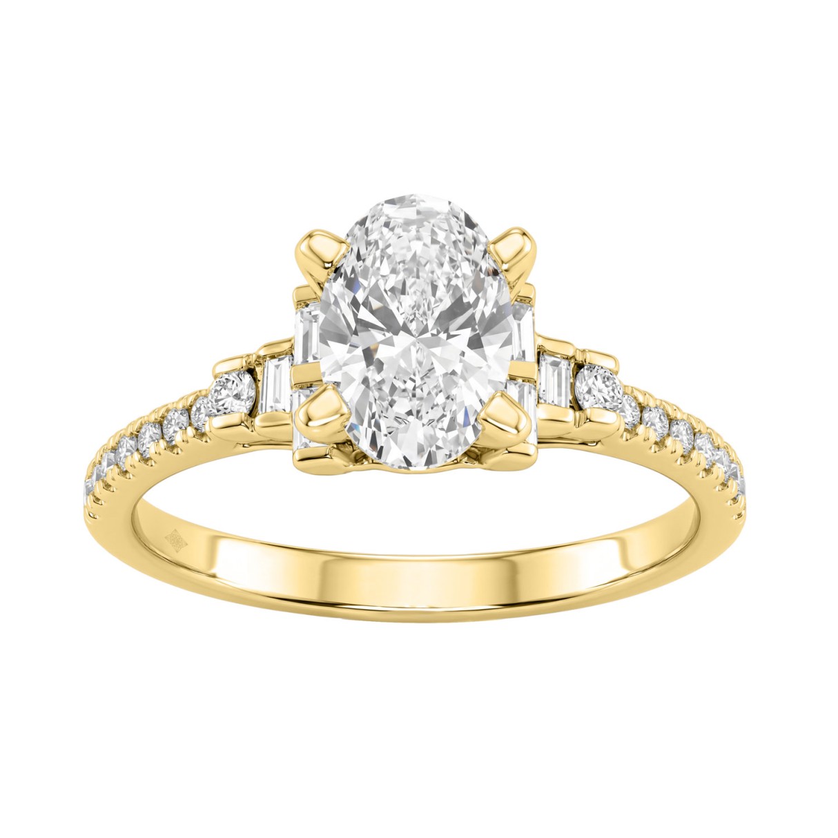 14K Yellow Gold Lab Grown Emerald Cut Diamond Ladies Engagement Ring 1 1/4Ct With Round & Baguette Side Stones 1Ct Oval Center Stone (Color F-G -C 1 14K Yellow Gold Lab Grown Emerald Cut Diamond Ladies Engagement Ring 1 1/4Ct With Round & Baguette Side Stones 1Ct Oval Center Stone (Color F-G -C - Image 1