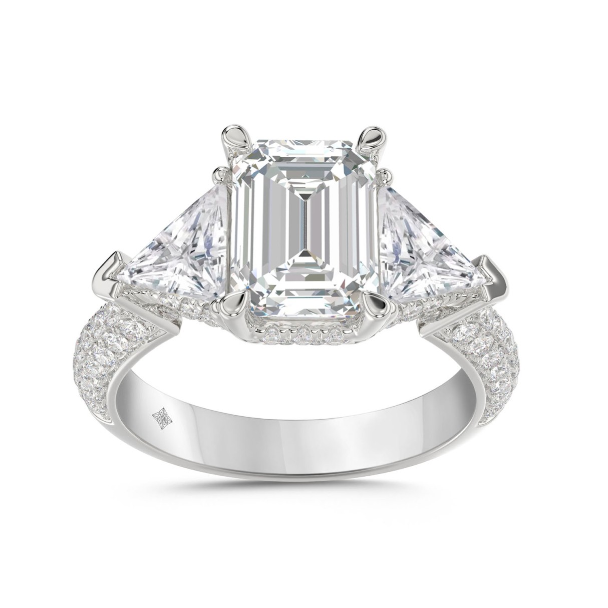 LADIES RING 3 1/2CT ROUND/EMERALD/TRILLION DIAMOND 14K WHITE GOLD (CENTER STONE EMERALD DIAMOND 2CT ) 1 LADIES RING 3 1/2CT ROUND/EMERALD/TRILLION DIAMOND 14K WHITE GOLD (CENTER STONE EMERALD DIAMOND 2CT ) - Image 1