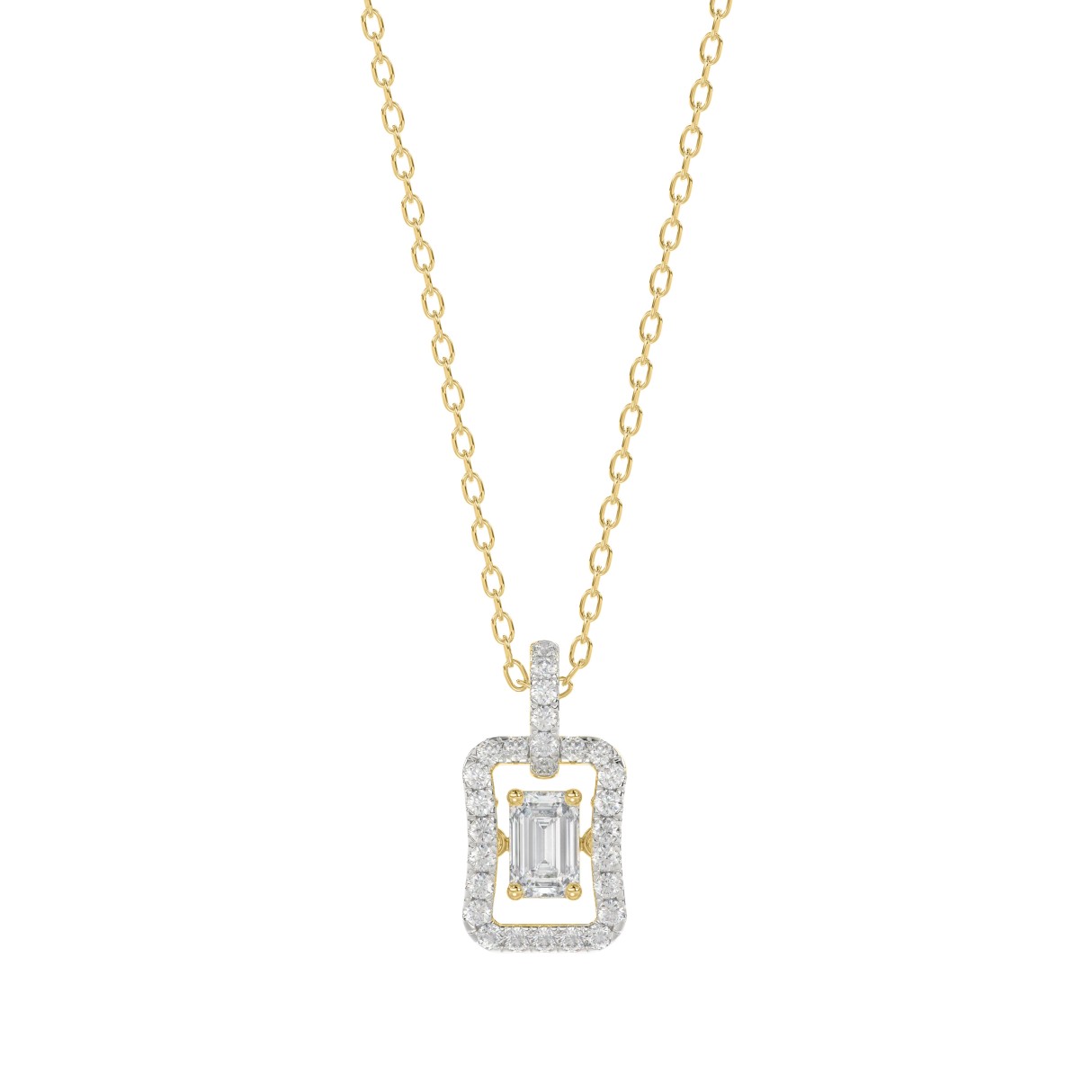 LADIES DANCING DIAMOND PENDANT WITH CHAIN 3/4CT ROUND/EMERALD DIAMOND 14K YELLOW GOLD (CENTER STONE EMERALD DIAMOND 1/2CT) 1 LADIES DANCING DIAMOND PENDANT WITH CHAIN 3/4CT ROUND/EMERALD DIAMOND 14K YELLOW GOLD (CENTER STONE EMERALD DIAMOND 1/2CT) - Image 1