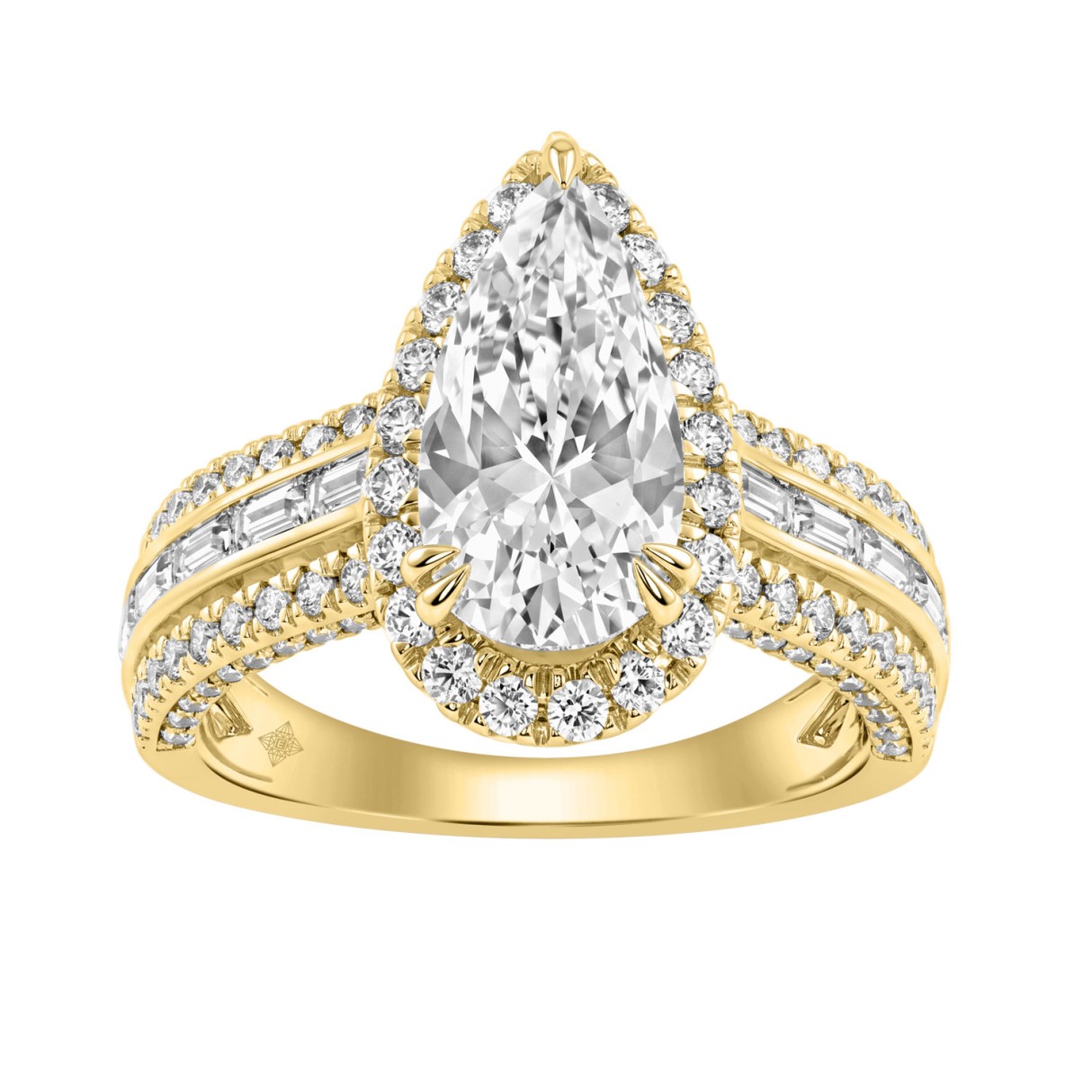 14K Yellow Gold 3.00 Ct Diamond Halo Engagement Ring For Women Elongated 2Ct Pear Cut Center Stone With Round & Baguette Side Stones, Luxury Bridal Ri 1 14K Yellow Gold 3.00 Ct Diamond Halo Engagement Ring For Women Elongated 2Ct Pear Cut Center Stone With Round & Baguette Side Stones, Luxury Bridal Ri - Image 1