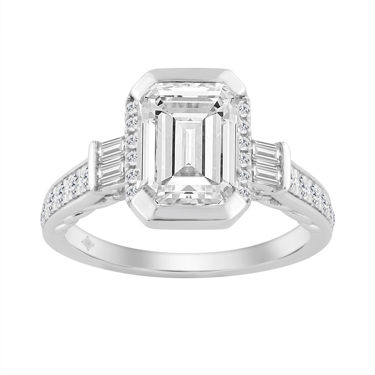 14K WHITE GOLD 3 1/2CT ROUND/EMERALD/BAGUETTE DIAMOND LADIES RING (CENTER STONE EMERALD DIAMOND 3.00CT) 1 14K WHITE GOLD 3 1/2CT ROUND/EMERALD/BAGUETTE DIAMOND LADIES RING (CENTER STONE EMERALD DIAMOND 3.00CT) - Image 1