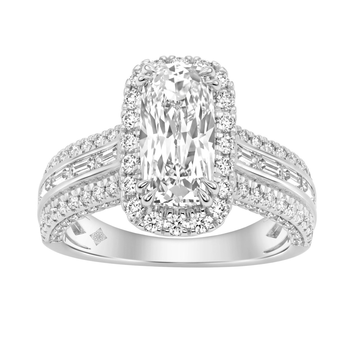 14K White Gold 3.00 Ct Diamond Halo Engagement Ring For Women Elongated 2Ct Cushion Cut Center Stone With Round & Baguette Side Stones, Luxury Bridal 1 14K White Gold 3.00 Ct Diamond Halo Engagement Ring For Women Elongated 2Ct Cushion Cut Center Stone With Round & Baguette Side Stones, Luxury Bridal - Image 1