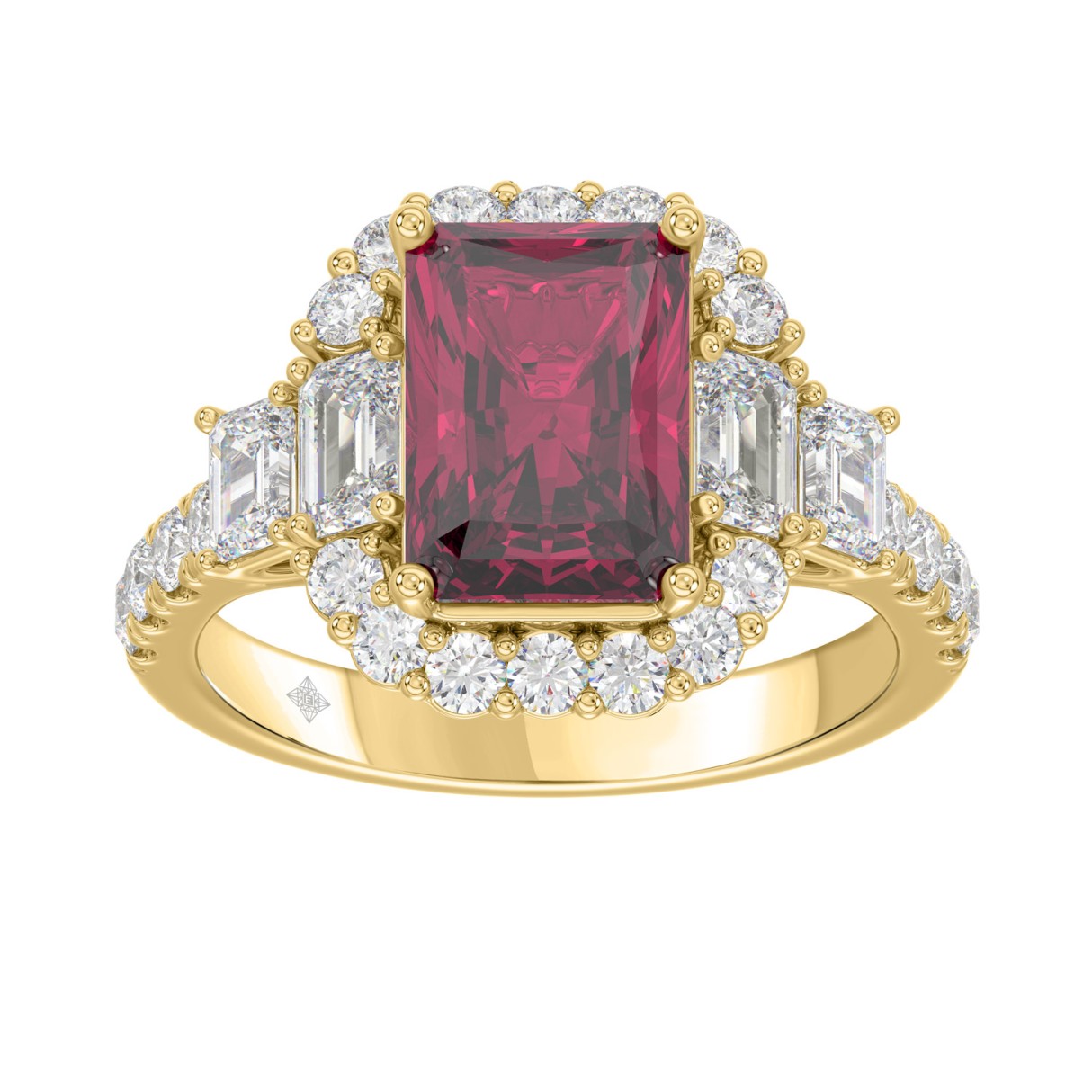 14K YELLOW GOLD 4 1/2CT ROUND/EMERALD DIAMOND LADIES RING (CENTER STONE RUBY EMERALD DIAMOND 3CT) 1 14K YELLOW GOLD 4 1/2CT ROUND/EMERALD DIAMOND LADIES RING (CENTER STONE RUBY EMERALD DIAMOND 3CT) - Image 1