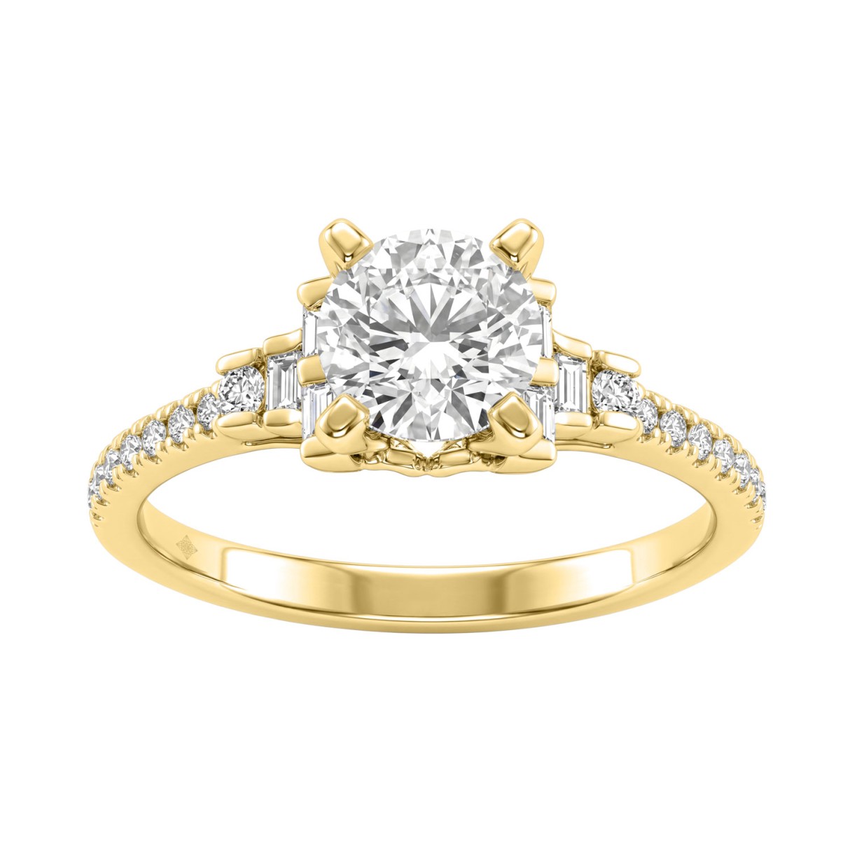Round Diamond Engagement Ring 1 1/4Ct 14K Yellow Gold Ring With Round & Baguette Accent Diamonds For Women 1Ct Round Center Stone (Color F-G -Clar 1 Round Diamond Engagement Ring 1 1/4Ct 14K Yellow Gold Ring With Round & Baguette Accent Diamonds For Women 1Ct Round Center Stone (Color F-G -Clar - Image 1