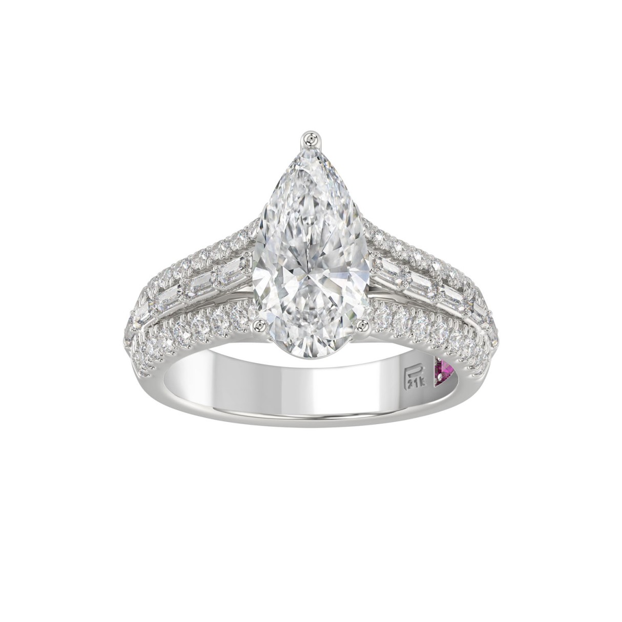 21K PLATINUM LADIES RING 2 3/4CT ROUND/PEAR/BAGUETTE DIAMOND (CENTER STONE PEAR DIAMOND 2CT) 1 21K PLATINUM LADIES RING 2 3/4CT ROUND/PEAR/BAGUETTE DIAMOND (CENTER STONE PEAR DIAMOND 2CT) - Image 1