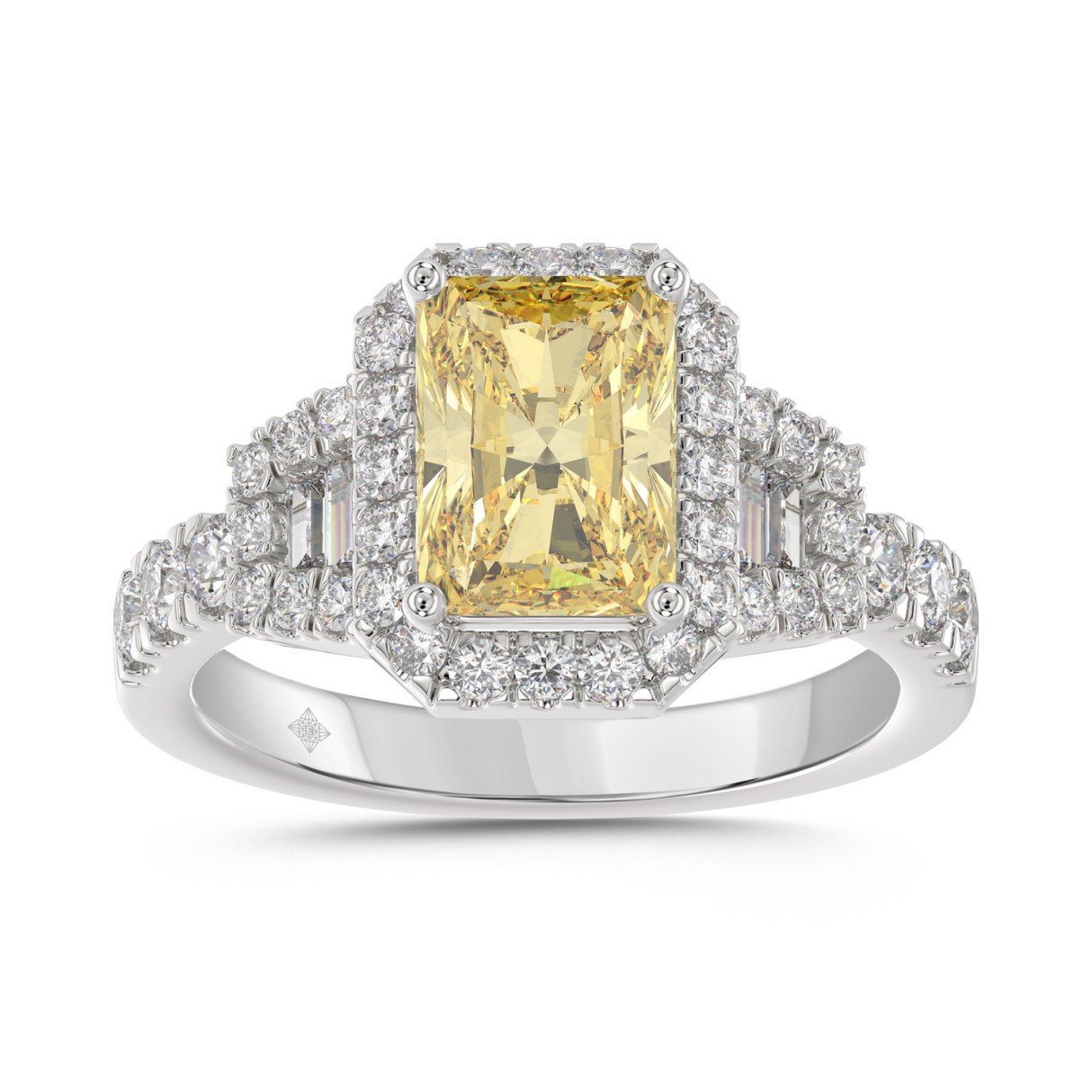14K White Gold 2 3/4 Ct Round, Baguette & Radiant Diamond Halo Engagement Ring For Women 2.00 Ct Yellow Radiant Center Stone 1 14K White Gold 2 3/4 Ct Round, Baguette & Radiant Diamond Halo Engagement Ring For Women 2.00 Ct Yellow Radiant Center Stone - Image 1