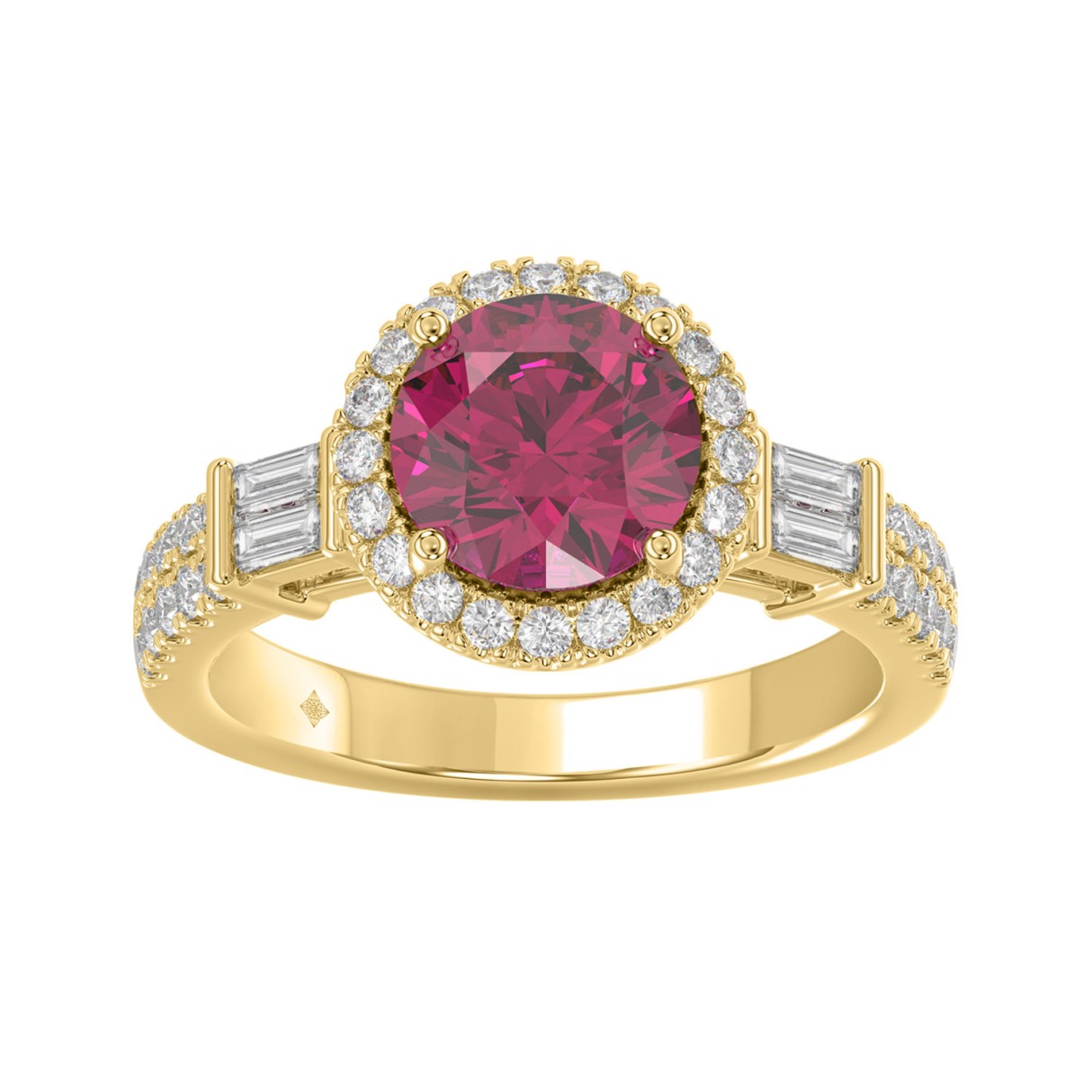 14K YELLOW GOLD 2 1/2CT ROUND/BAGUETTE DIAMOND LADIES RING (CENTER STONE ROUND RUBY DIAMOND 2CT) 1 14K YELLOW GOLD 2 1/2CT ROUND/BAGUETTE DIAMOND LADIES RING (CENTER STONE ROUND RUBY DIAMOND 2CT) - Image 1