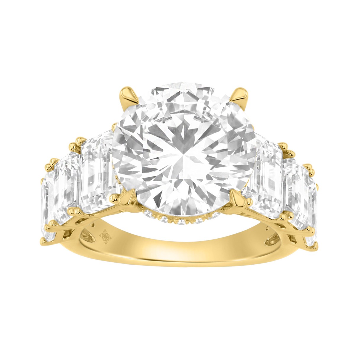 14K Yellow Gold Emerald Cut Diamond Hidden Halo Engagement Ring With Round Diamonds 5.00Ct Women Bridal Ring 3.00Ct Round Center Stone (Color F-G -Cla 1 14K Yellow Gold Emerald Cut Diamond Hidden Halo Engagement Ring With Round Diamonds 5.00Ct Women Bridal Ring 3.00Ct Round Center Stone (Color F-G -Cla - Image 1