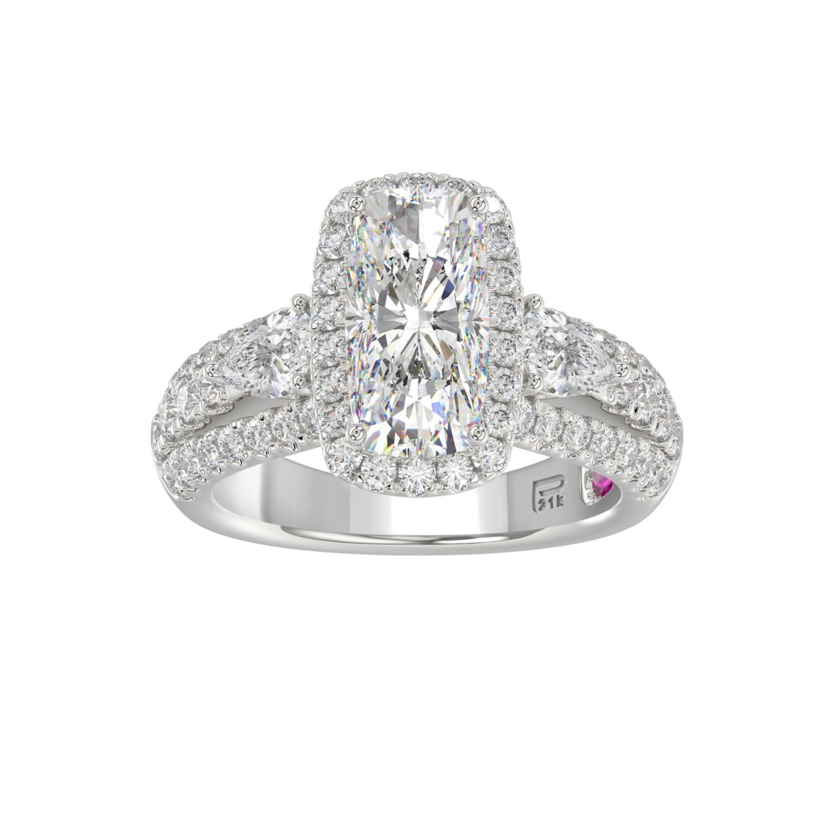21K PLATINUM LADIES RING 3 1/2CT ROUND/PEAR/CUSHION/BAGUETTE DIAMOND (CENTER STONE CUSHION DIAMOND 2CT) 1 21K PLATINUM LADIES RING 3 1/2CT ROUND/PEAR/CUSHION/BAGUETTE DIAMOND (CENTER STONE CUSHION DIAMOND 2CT) - Image 1