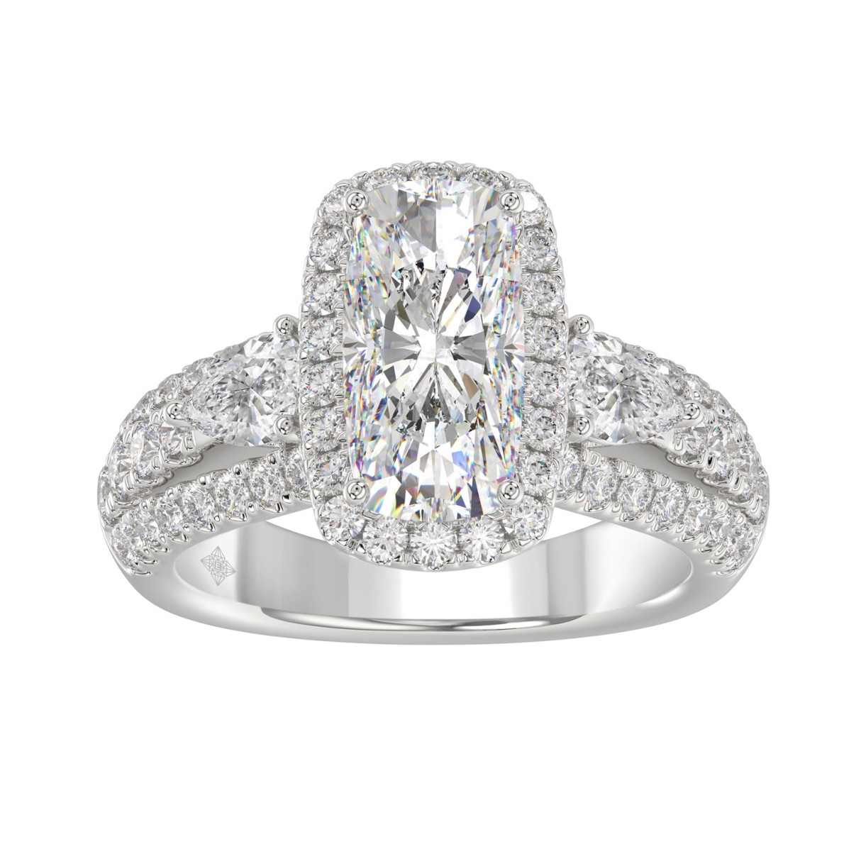 Ladies 14K White Gold 3 1/2CT Featuring Fashion Ring with Round, Pear & Cushion Diamond 2.00CT Cushion Center stone (Color F-G -Clarity VS1/VS2) 1 Ladies 14K White Gold 3 1/2CT Featuring Fashion Ring with Round, Pear & Cushion Diamond 2.00CT Cushion Center stone (Color F-G -Clarity VS1/VS2) - Image 1