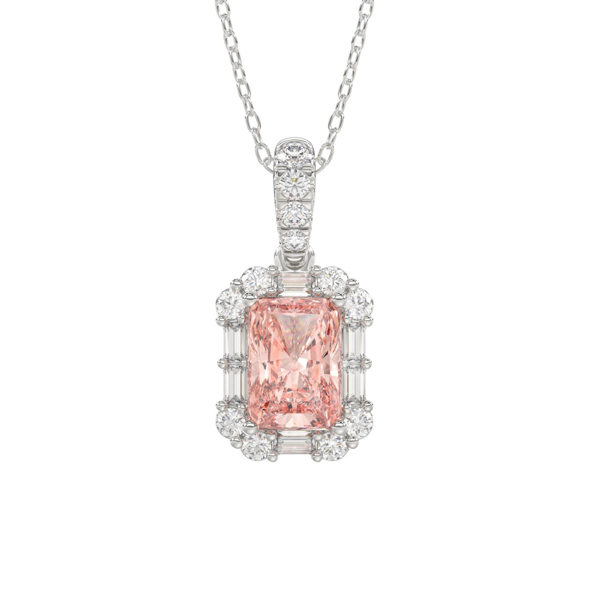 ETERNAL BLUSH COLLECTION 14K WHITE GOLD 1 1/4CT ROUND/PINK RADIANT/BAGUETTE DIAMOND LADIES PENDANT WITH CHAIN 1 ETERNAL BLUSH COLLECTION 14K WHITE GOLD 1 1/4CT ROUND/PINK RADIANT/BAGUETTE DIAMOND LADIES PENDANT WITH CHAIN - Image 1