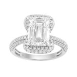 14K White Gold 4 1/2Ct Ladies Emerald Cut Hidden Halo Engagement Ring 4Ct Emerald Center Stone & Round Diamond (Color F-G -Clarity Vs1/Vs2)