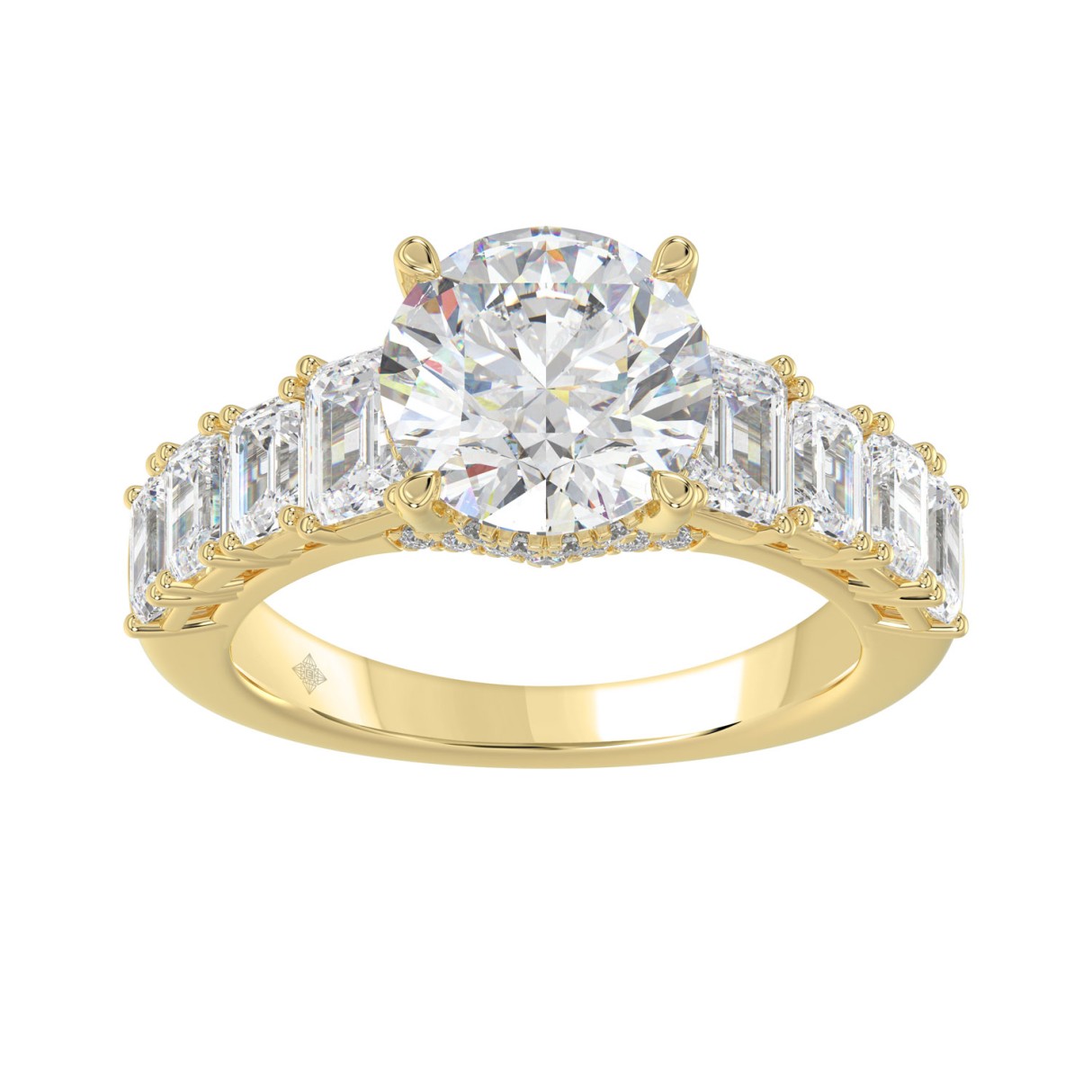 14K Yellow Gold Emerald Cut Diamond Hidden Halo Engagement Ring With Round Diamonds 5.00Ct Women Bridal Ring 3.00Ct Round Center Stone (Color F-G -Cla 1 14K Yellow Gold Emerald Cut Diamond Hidden Halo Engagement Ring With Round Diamonds 5.00Ct Women Bridal Ring 3.00Ct Round Center Stone (Color F-G -Cla - Image 1