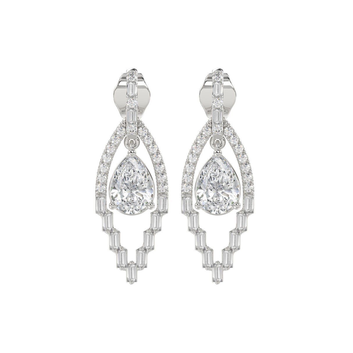 14K WHITE GOLD 2.00CT ROUND/BAGUETTE/PEAR DIAMOND LADIES EARRINGS 1 14K WHITE GOLD 2.00CT ROUND/BAGUETTE/PEAR DIAMOND LADIES EARRINGS - Image 1