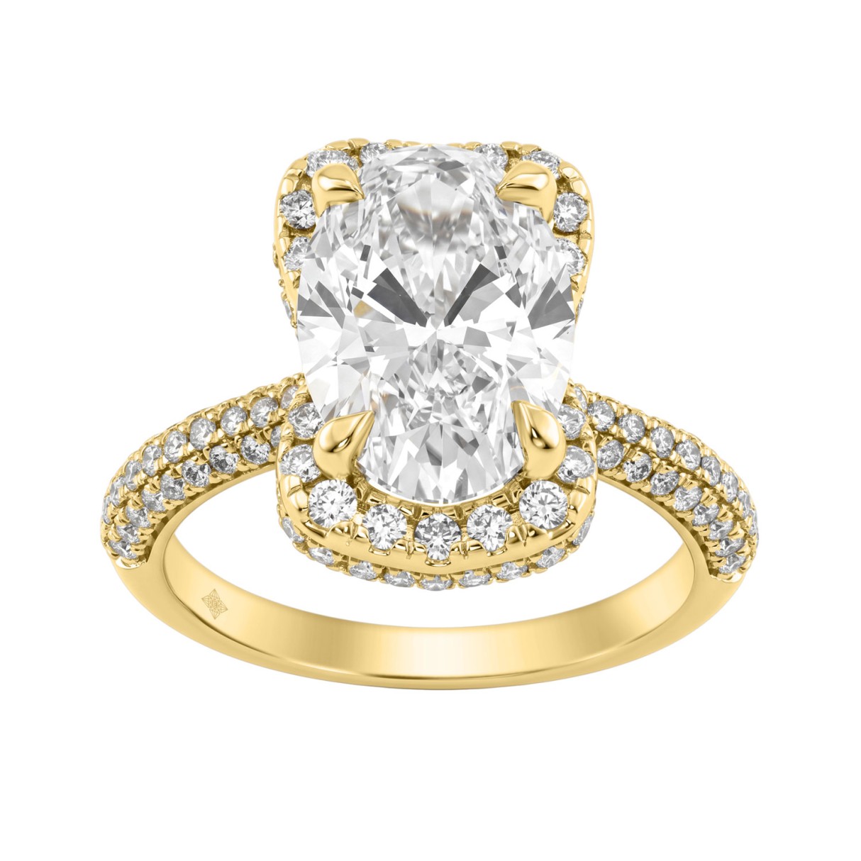 14K Yellow Gold 4 1/2Ct Ladies Oval Cut Hidden Halo Engagement Ring 4Ct Oval Center Stone & Round Diamond (Color F-G -Clarity Vs1/Vs2) 1 14K Yellow Gold 4 1/2Ct Ladies Oval Cut Hidden Halo Engagement Ring 4Ct Oval Center Stone & Round Diamond (Color F-G -Clarity Vs1/Vs2) - Image 1