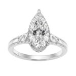 LADIES 14K White Gold 2 1/6Ct Diamond Engagement Ring Elongated Pear Cut Center With Round Side Stones, Elegant Fine Ring 2Ct Pear Center Stone (Color