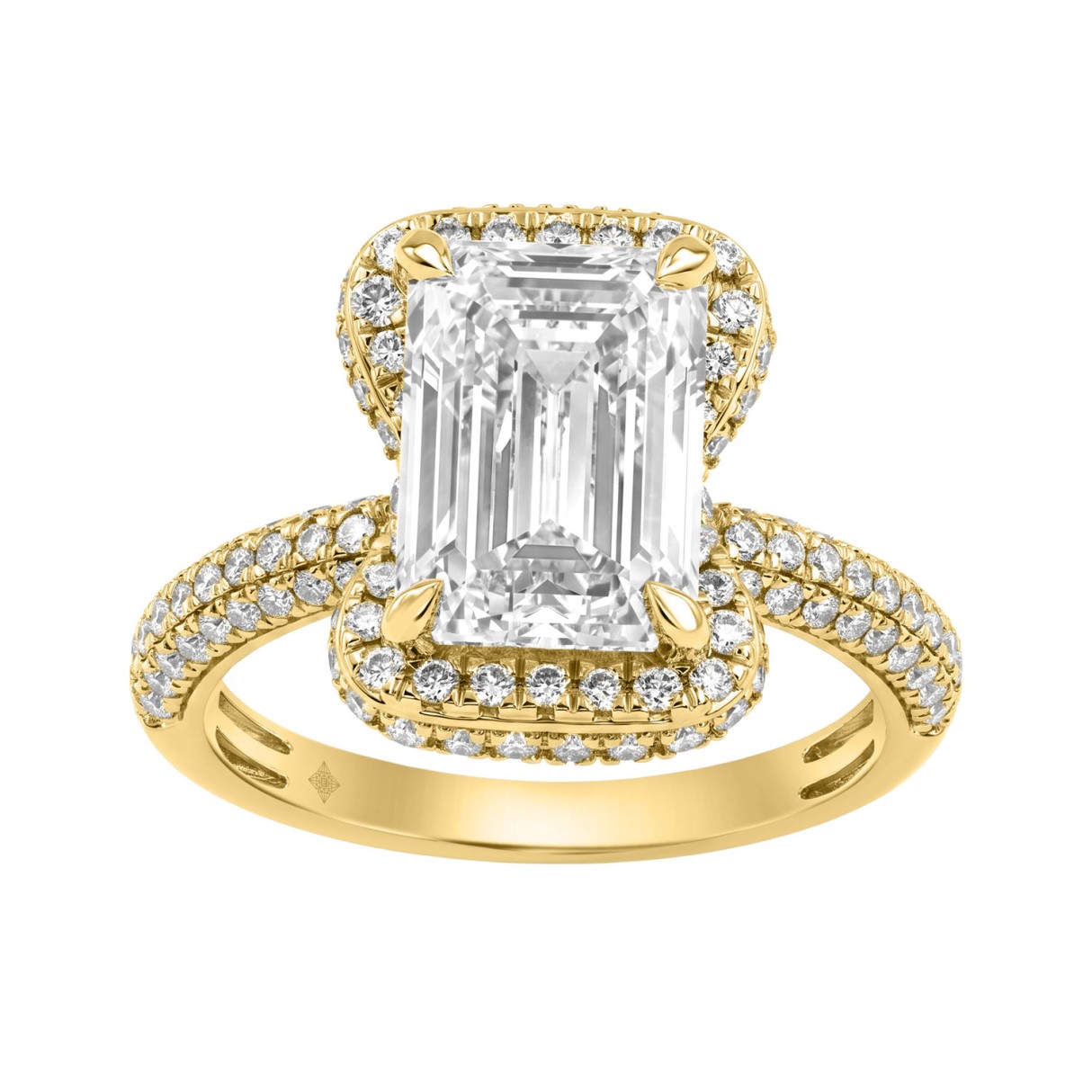 14K Yellow Gold 4 1/2Ct Ladies Emerald Cut Hidden Halo Engagement Ring 4Ct Emerald Center Stone & Round Diamond (Color F-G -Clarity Vs1/Vs2) 1 14K Yellow Gold 4 1/2Ct Ladies Emerald Cut Hidden Halo Engagement Ring 4Ct Emerald Center Stone & Round Diamond (Color F-G -Clarity Vs1/Vs2) - Image 1