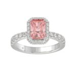 14K White Gold 4.00Ct Round Diamond Halo Ring For Women 3.00Ct Pink Radiant Cut Center Stone With Round Diamond Halo (Color F-G -Clarity Vs1/Vs2)