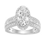 14K White Gold 3.00 Ct Diamond Halo Engagement Ring For Women Elongated 2Ct Oval Cut Center Stone With Round & Baguette Side Stones, Luxury Bridal