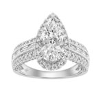 14K White Gold 3.00 Ct Diamond Halo Engagement Ring For Women Elongated 2Ct Pear Cut Center Stone With Round & Baguette Side Stones, Luxury Bridal Rin