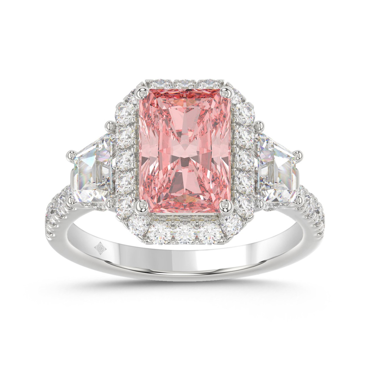 14K WHITE GOLD 4 1/4CT ROUND/RADIANT/TRAPEZOID DIAMOND LADIES RING (CENTER STONE PINK RADIANT DIAMOND 3.00CT) 1 14K WHITE GOLD 4 1/4CT ROUND/RADIANT/TRAPEZOID DIAMOND LADIES RING (CENTER STONE PINK RADIANT DIAMOND 3.00CT) - Image 1