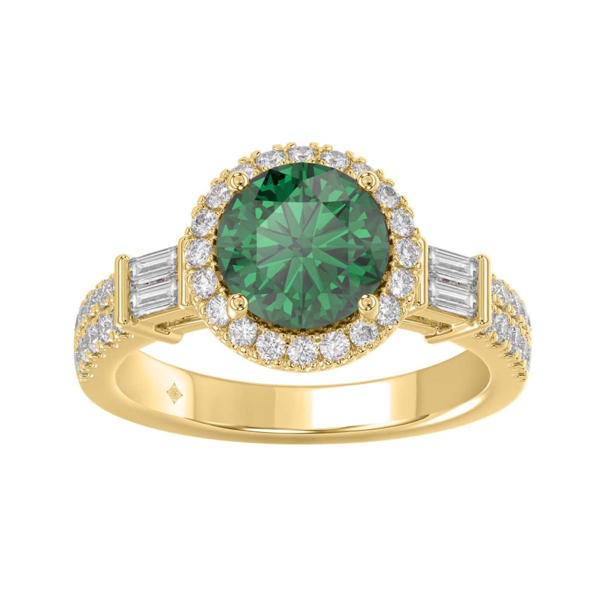 14K YELLOW GOLD 2 1/2CT ROUND/BAGUETTE DIAMOND LADIES RING (CENTER STONE GREEN EMERALD ROUND DIAMOND 2CT) 1 14K YELLOW GOLD 2 1/2CT ROUND/BAGUETTE DIAMOND LADIES RING (CENTER STONE GREEN EMERALD ROUND DIAMOND 2CT) - Image 1