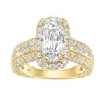 14K Yellow Gold 3.00 Ct Diamond Halo Engagement Ring For Women Elongated 2Ct Cushion Cut Center Stone With Round & Baguette Side Stones, Luxury Bridal