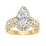 14K Yellow Gold 3.00 Ct Diamond Halo Engagement Ring For Women Elongated 2Ct Pear Cut Center Stone With Round & Baguette Side Stones, Luxury Bridal Ri