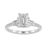 14K White Gold Lab Grown Emerald Cut Diamond Ladies Engagement Ring 1 1/4Ct With Round & Baguette Side Stones 1Ct Emerald Center Stone (Color F-G