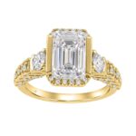 14K Yellow Gold 4.00 Ct Round & Emerald Cut Diamond Engagement Ring For Women With Side Round Diamond 3.00Ct Emerald Center Stone (Color F-G -Clar