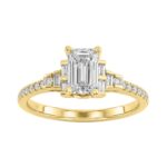 14K Yellow Gold Lab Grown Emerald Cut Diamond Ladies Engagement Ring 1 1/4Ct With Round & Baguette Side Stones 1Ct Emerald Center Stone (Color F-G