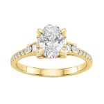 14K Yellow Gold Lab Grown Emerald Cut Diamond Ladies Engagement Ring 1 1/4Ct With Round & Baguette Side Stones 1Ct Oval Center Stone (Color F-G -C