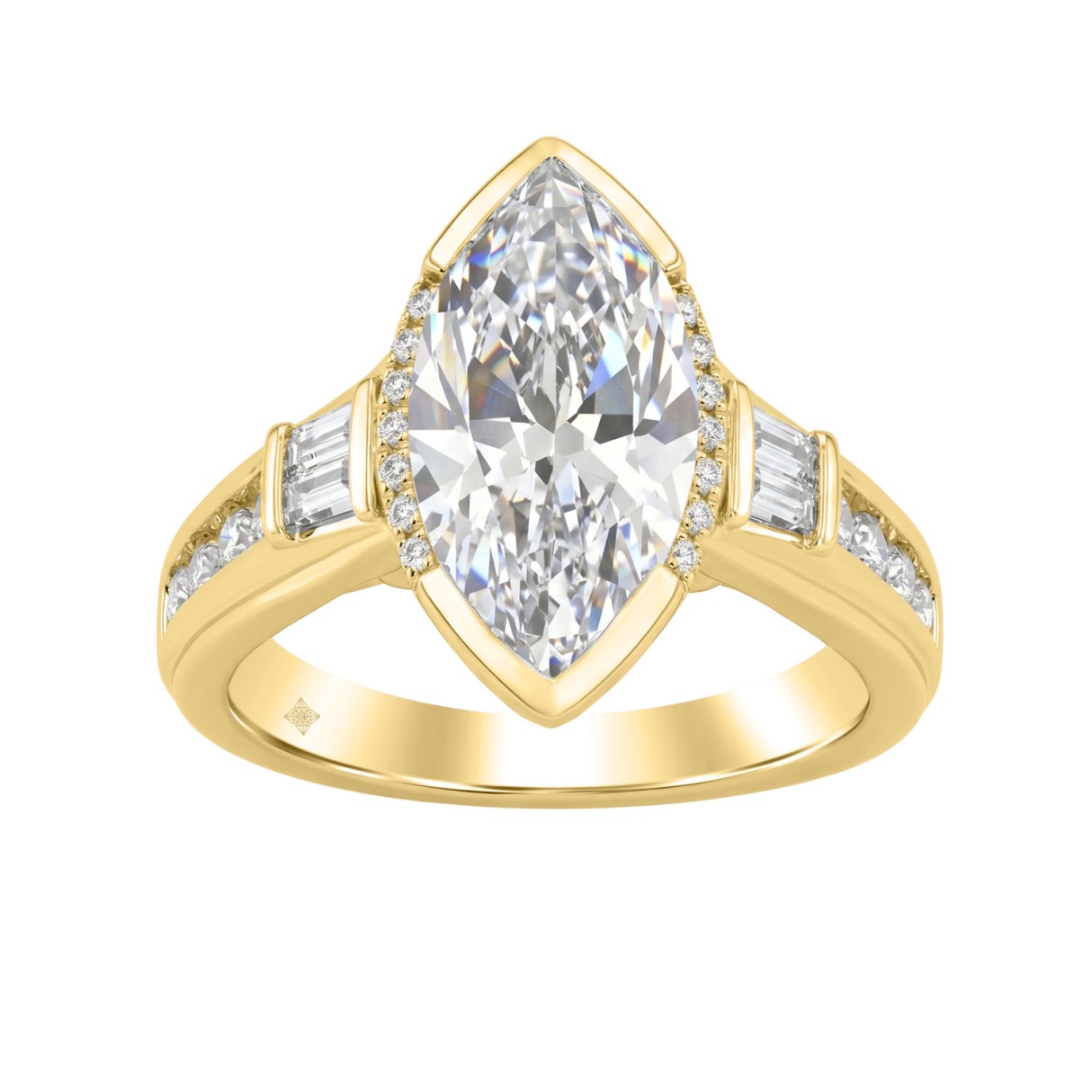 Elegant 14K Yellow Gold Diamond Engagement Ring Featuring 3 1/2Ct Round, Marquise & Baguette Diamonds With Sparkling Side Stones. Perfect For Weddings 1 Elegant 14K Yellow Gold Diamond Engagement Ring Featuring 3 1/2Ct Round, Marquise & Baguette Diamonds With Sparkling Side Stones. Perfect For Weddings - Image 1